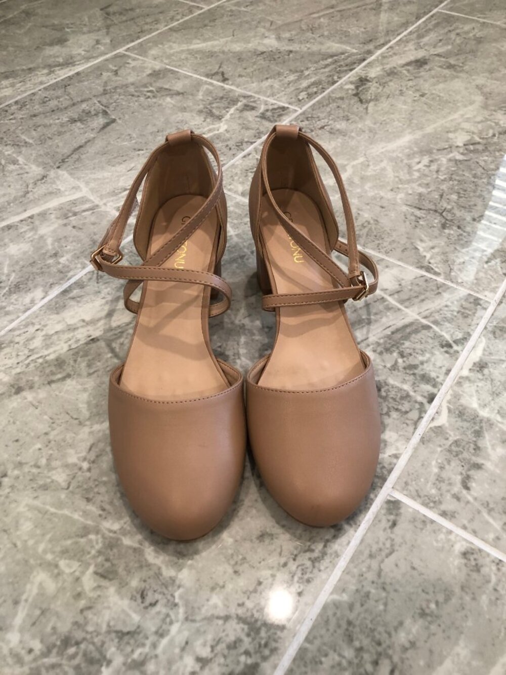 Women's Low Block Heeled Dress Pumps Closed Round Toe Cross Strap Shoe